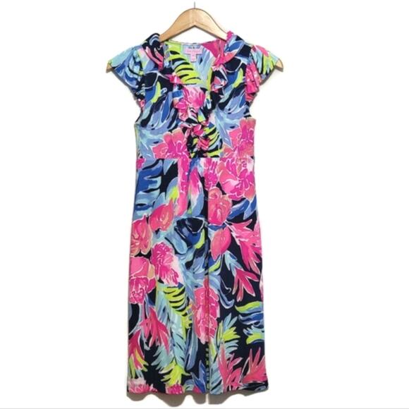 Lilly Pulitzer Clare Silk Jersey Dress High Tide Tropicolada Mini Floral Size XS - Picture 16 of 16